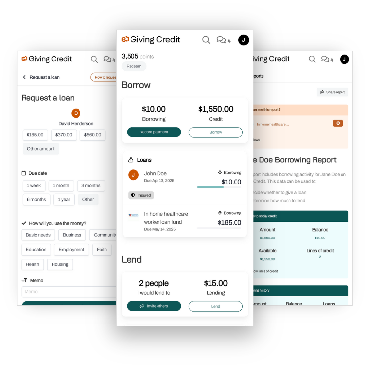 Giving Credit app screenshots